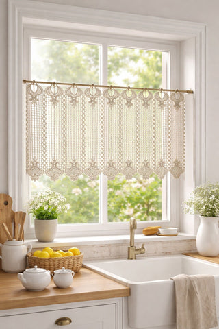 nach Maß Scheibengardine Häkeloptik creme Höhe 45/60cm 223