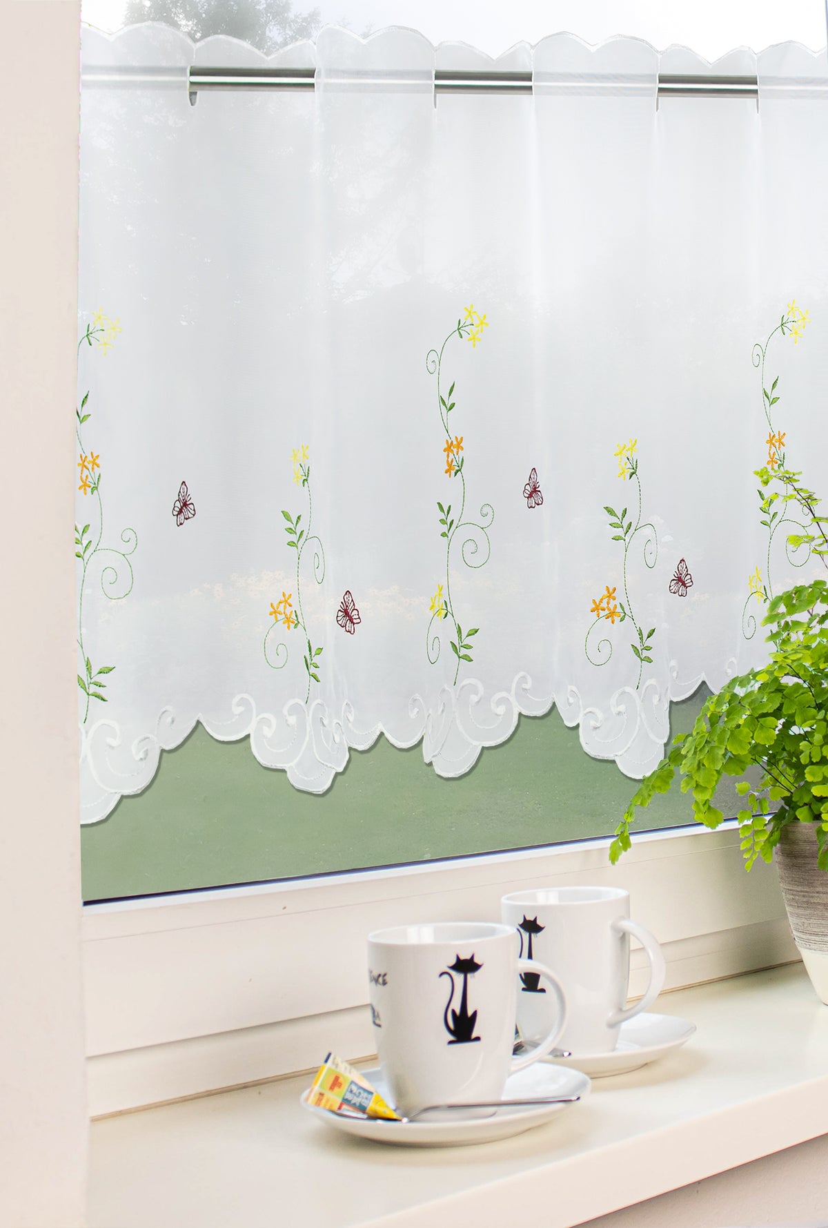 Scheibengardine bestickt mit Schmetterling und Blumen HxB 48x140cm