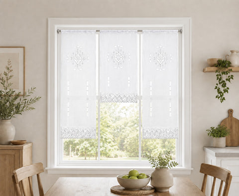 Mini Flächenvorhang Set / Fensterbehang Lochstickerei mit Borte "Alegra" Scheibengardine