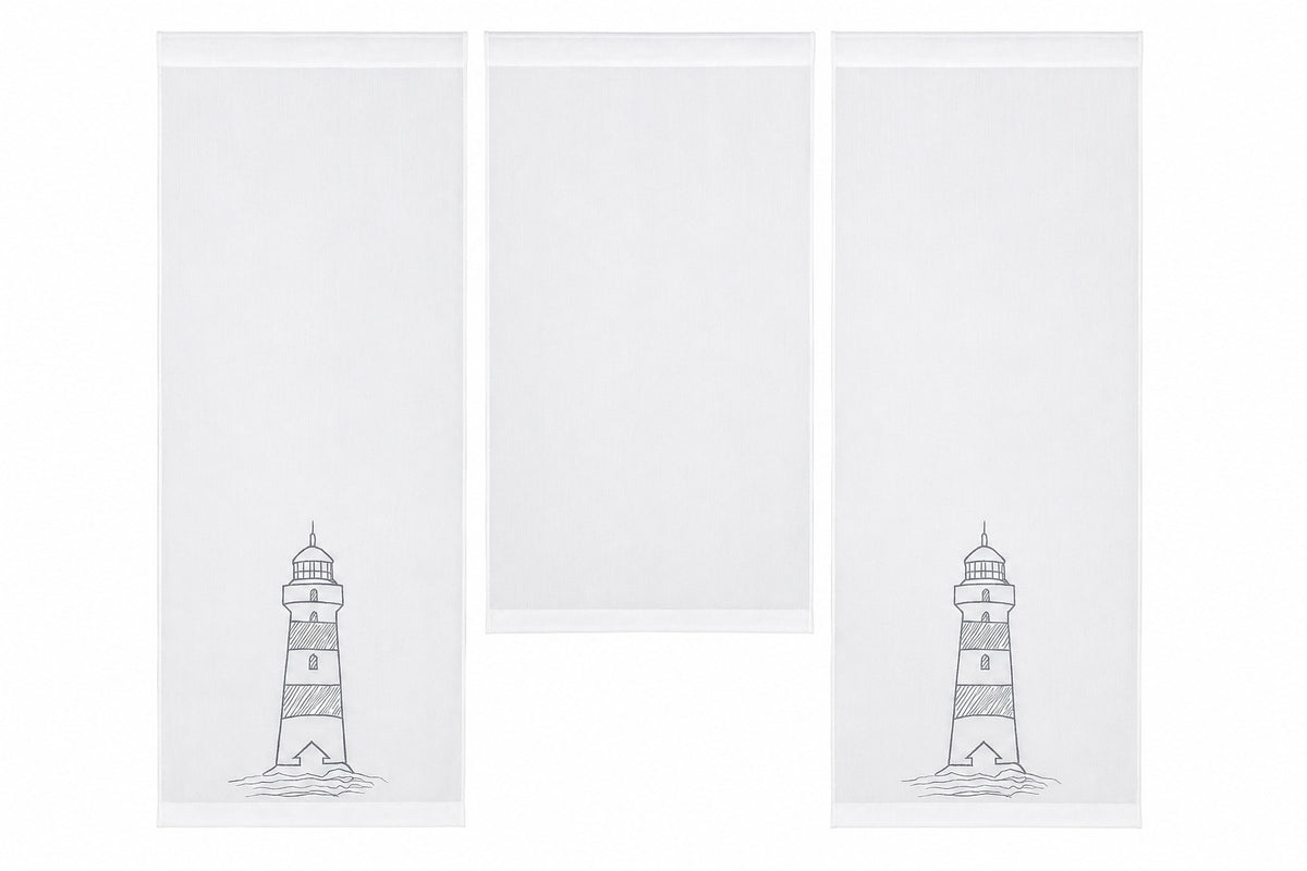 Design Mini Flächenvorhang Set weiß bestickt Leuchtturm grau 4142
