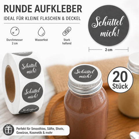 20x hochwertige Etiketten "Schüttel mich" hohe Klebekraft 2cm Aufkleber rund