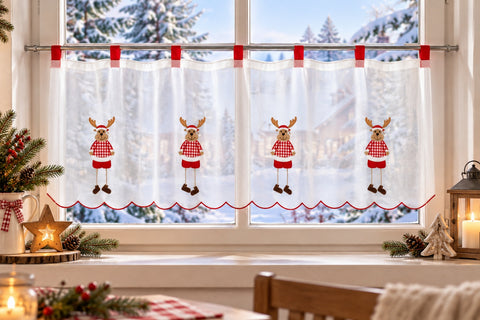 Cafehaus mit Schlaufen Elch Scheibengardine Weihnachten Rentier BxH 120x45cm