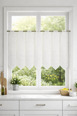 nach Maß Scheibengardine bestickt weiß Ranke Höhe 23/45/60cm Bistro Hardanger