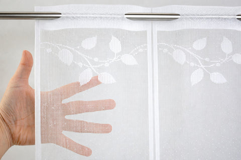 Nach Maß Scheibengardine Jacquard weiß Blätter in 4 versch. Höhen