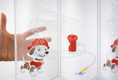 nach Maß Scheibengardine Feuerwehr Hund Höhe 50cm Bistrogardine Kinderzimmer