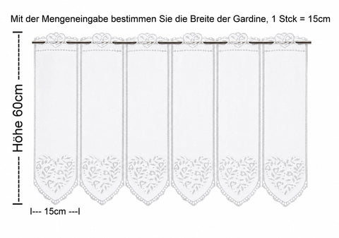 nach Maß Scheibengardine Jacquard Herz weiß Höhe 45/60cm Breite frei wählbar