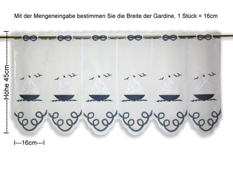 nach Maß Scheibengardine Segelboot blau bestickt Höhe 45/60cm