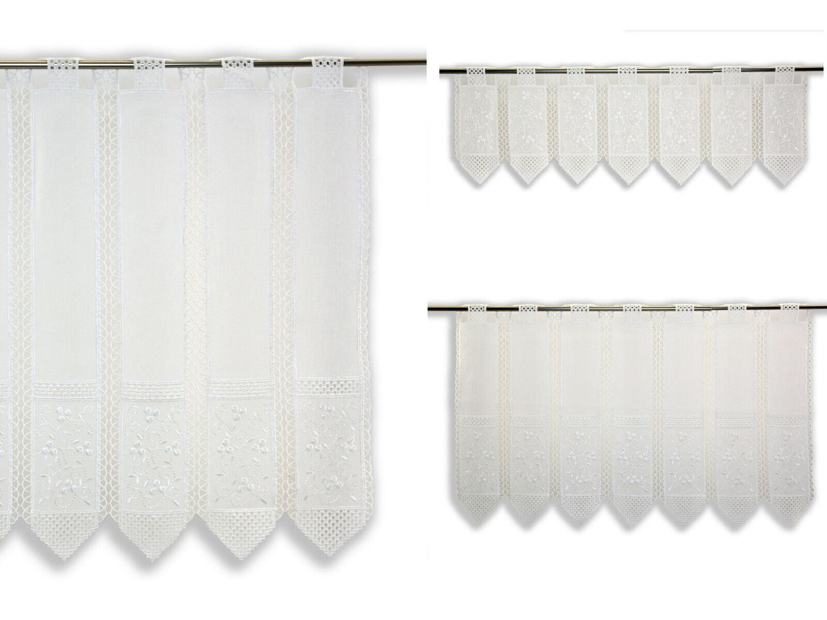 nach Maß Scheibengardine bestickt weiß Ranke Höhe 23/45/60cm Bistro Hardanger